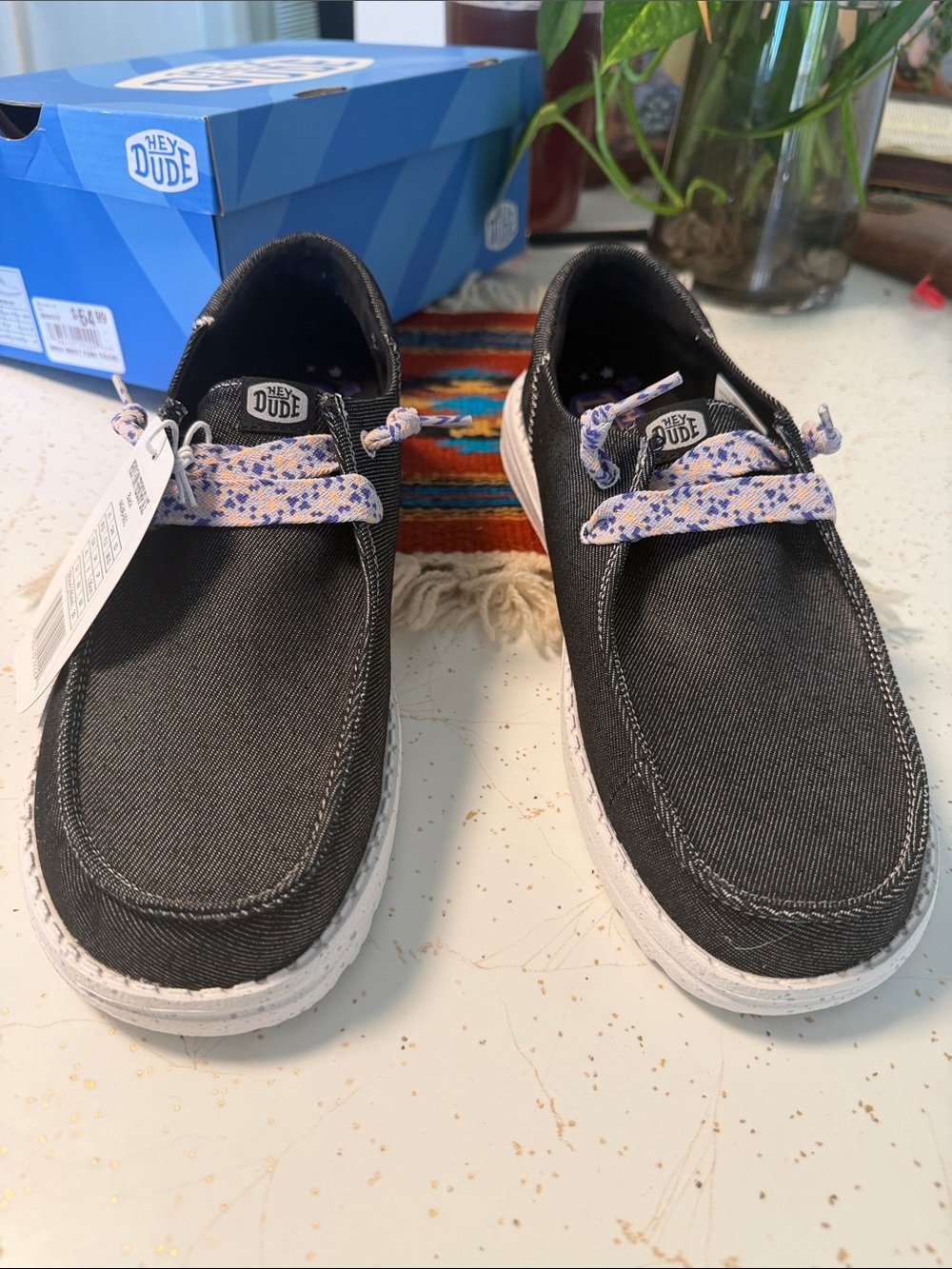Hey Dude Black Canvas Shoes with Patterned Purple-Accented Laces
